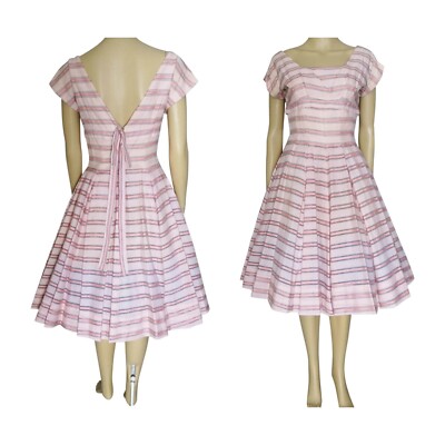 Vintage 1950s Dress Pink Novelty Print Bias Cut Cotton Semi Full Dress As Is