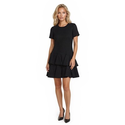 Rebecca Taylor Dress Women's Size 8 Black Textured Grid Ruffle Feminine Classic