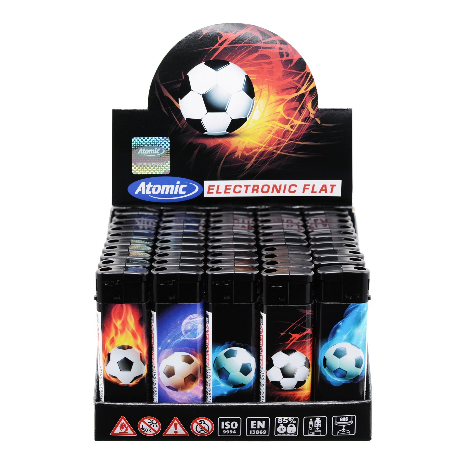 Confezione 50 Accendini Elettronici Ricaricabili Atomic Football Calcio linq