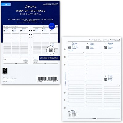 2025 Filofax A5 Size Diary Refill 25-68514 Week on Two Pages, Multilanguage
