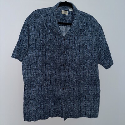 Vtg L.L. Bean Men's Blue Aztec Hawaiian Short Sleeve Button Down Size L Cotton