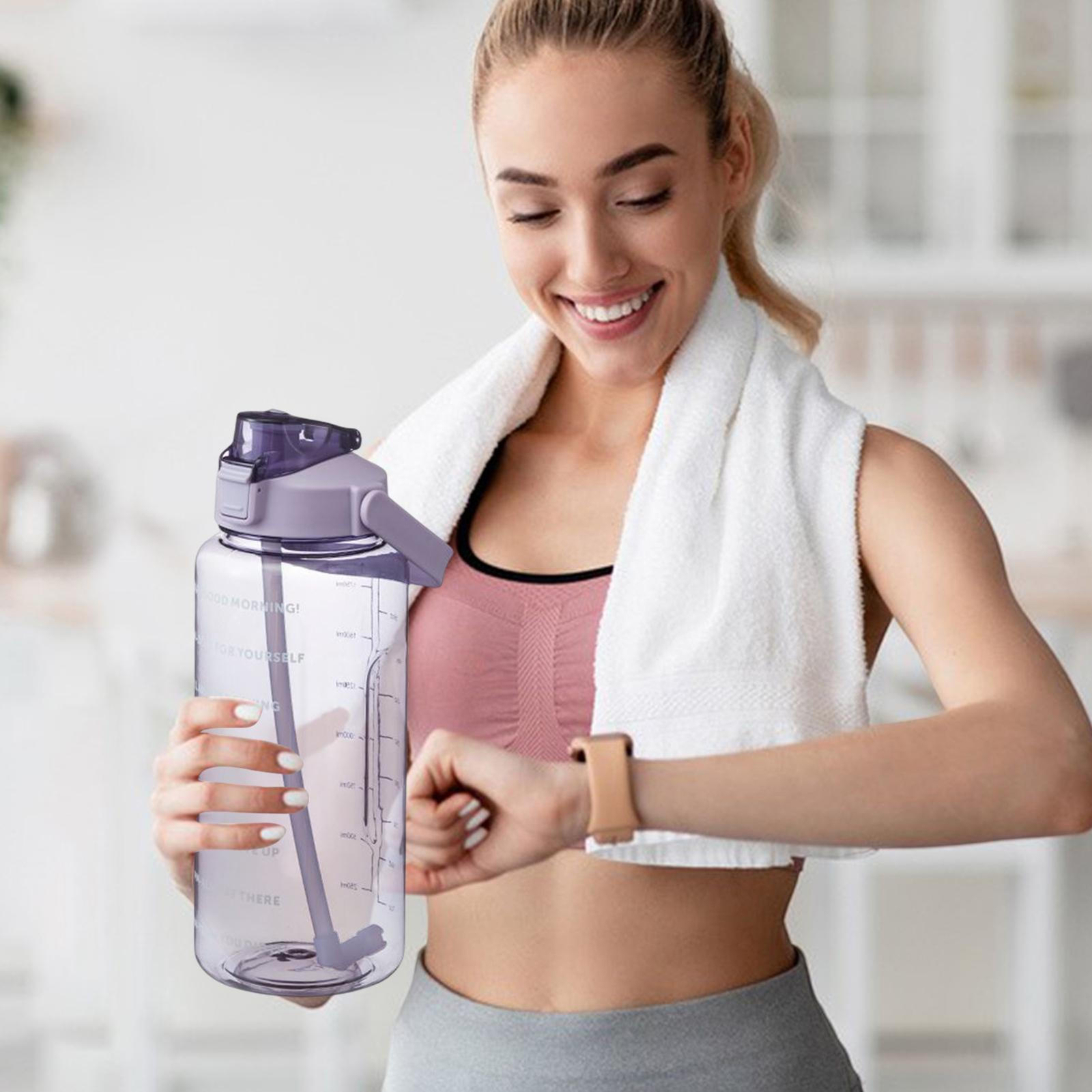 Large 2L Sports Water Bottle Time Marker with Straw Gym Travel Drinking Bottle