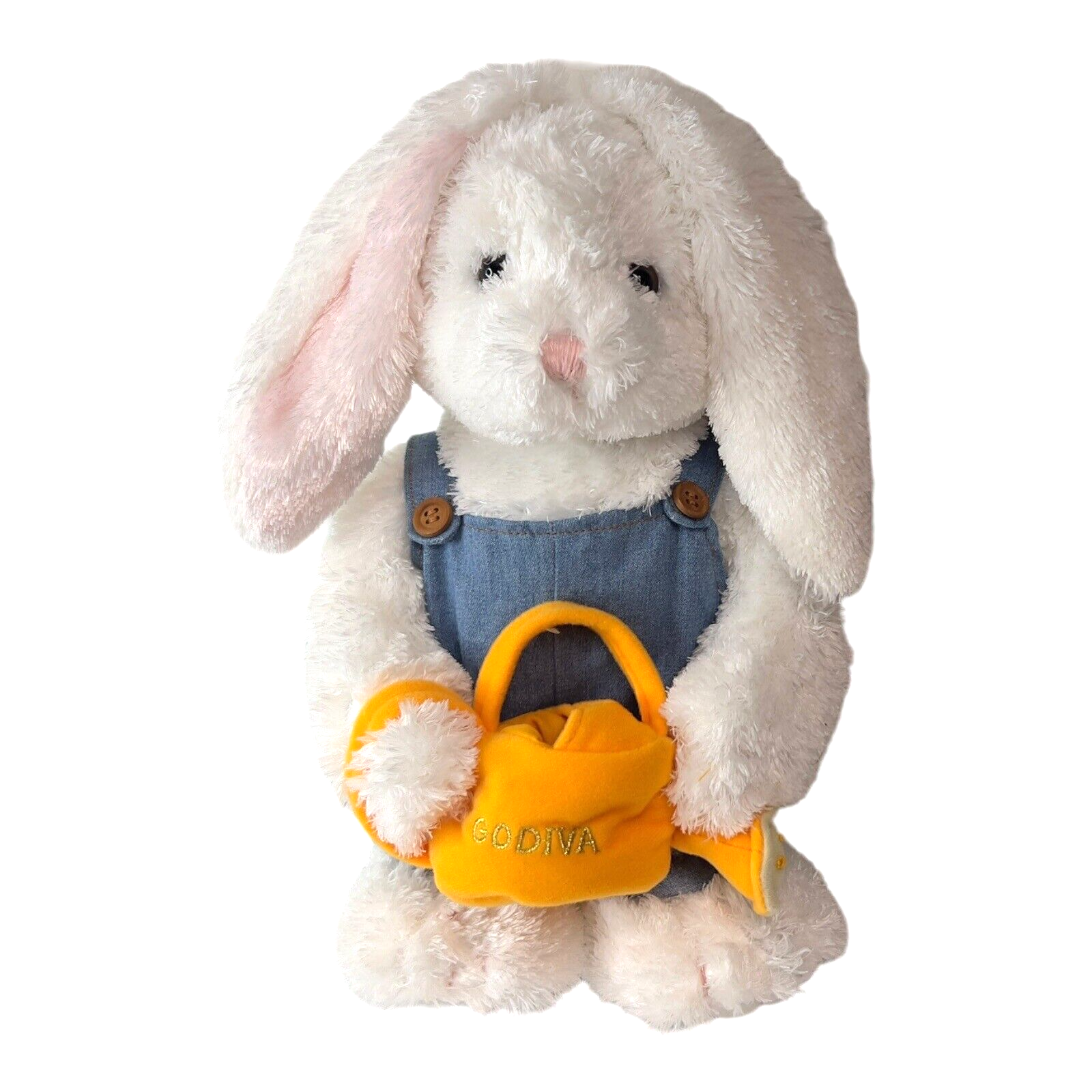 Godiva Easter Plush White Bunny Rabbit Blue Overalls Orange Watering Can Garden