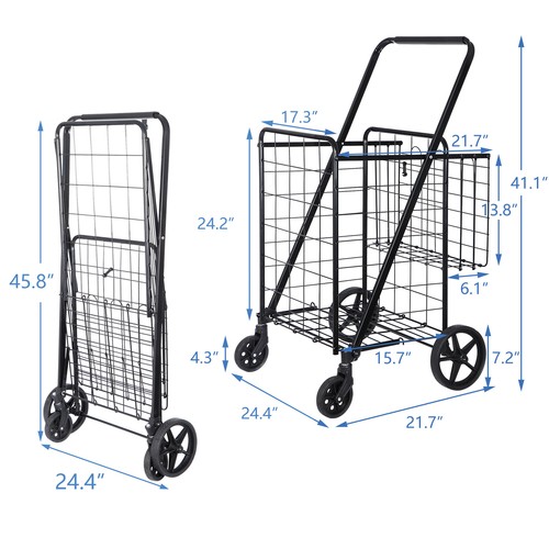 Folding Shopping Cart Utility Cart with Double Basket and Swivel Wheels 