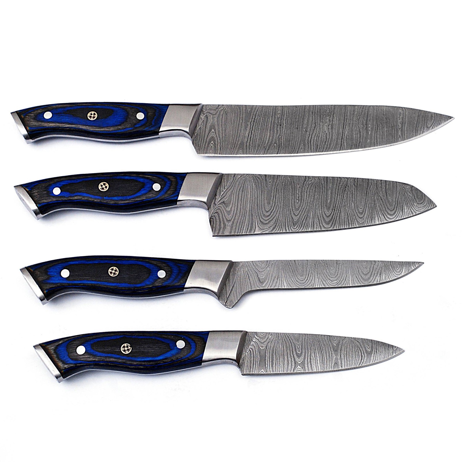 Damascus Steel 4-Pc Kitchen Knife Set Hand Forged Blue Resin Handle Culinary set
