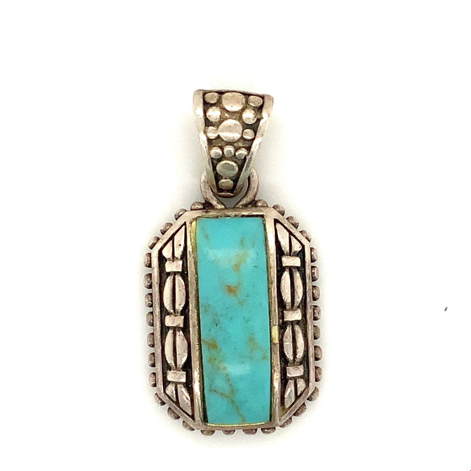 Vintage Sterling Silver Signed FAS Inlaid Turquoise Stone Statement Drop Pendant