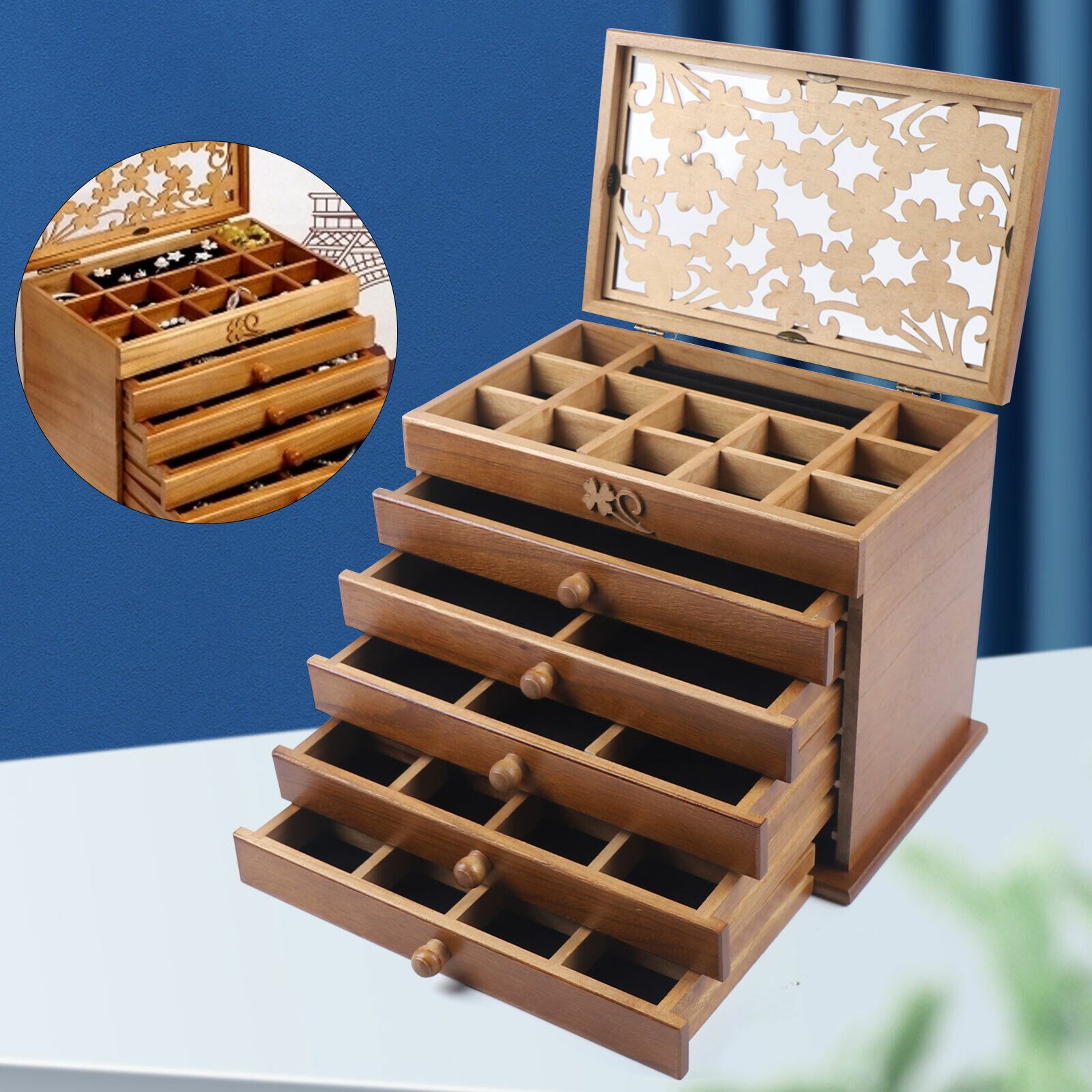 Large Wooden Jewelry Box Armoire Cabinet Necklace Ring Stora