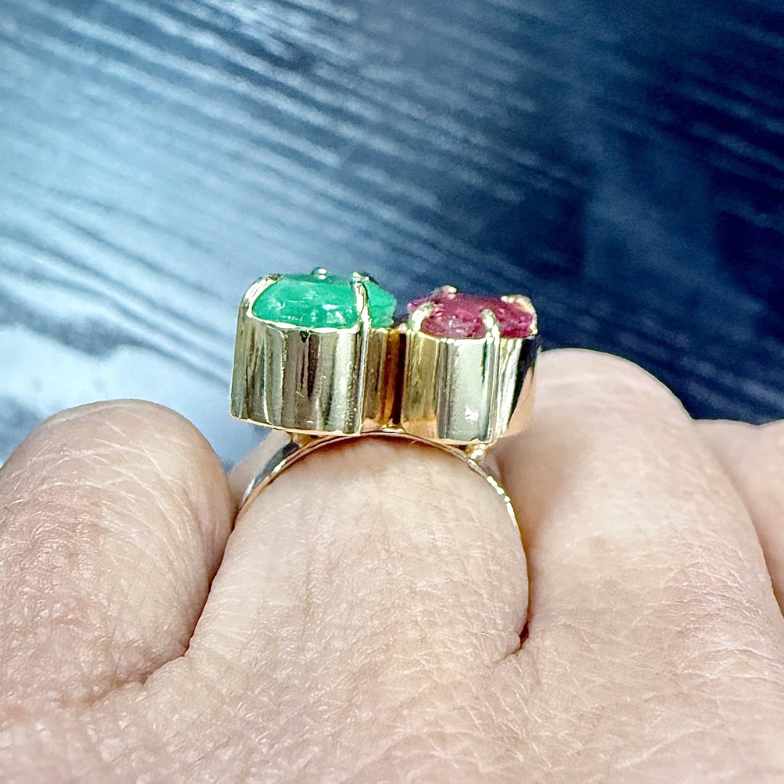 14k Yellow Gold Genuine Emerald & Pink Tourmaline Modernist Ring, New Size 6.5 - Picture 14 of 14