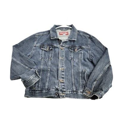 Wrangler Jacket Mens Large Blue Denim Button Front Biker Trucker Casual Workwear