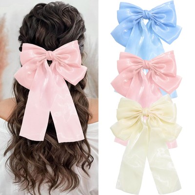 3PCS Hair Bow Clips Pink Hair Ribbons Luster Chiffon Bowknot Hair Clips Hair ...