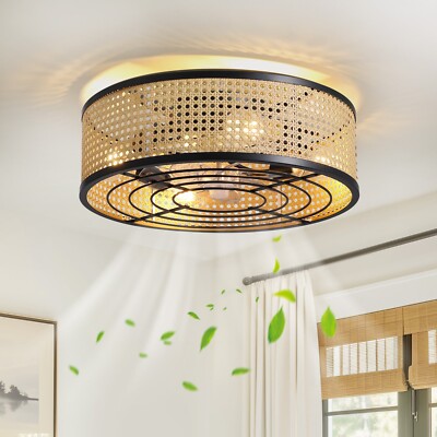 20'' Boho  Rattan Caged Ceiling Fan With Light Flush Mount Enclosed Ceiling Fan