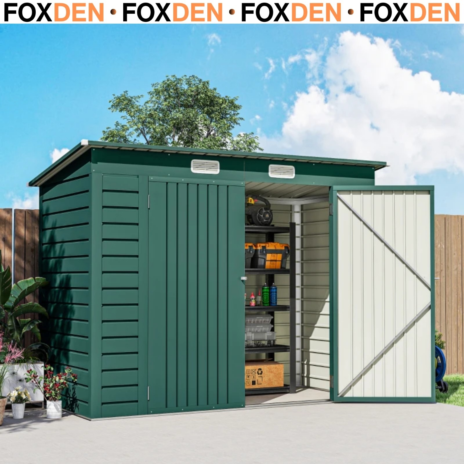 3.7 x 7.9ft Garden Storage Steel Shed With Latched Door and Padlock Green