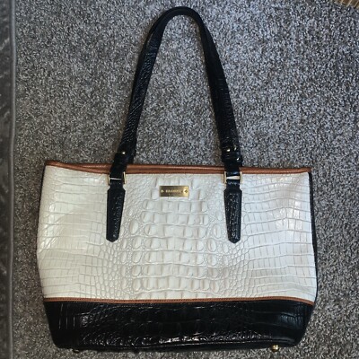 Brahmin crocodile embossed tricolor shoulder bag tote black white brown