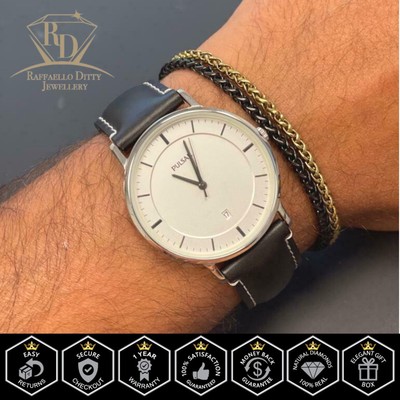 PULSAR Men's Watch Quartz White Dial Silver Case Black Leather Analog PG8255 New
