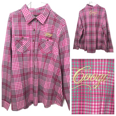 COOGI  Sz L/XL Plaid Shirt 90s Top Button down Embroidered Long Sleeve Roll up 