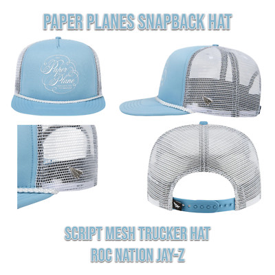 PAPER PLANES SCRIPT MESH TRUCKER SNAPBACK HAT Cap Roc Nation Jay-Z Sky Blue _ A2