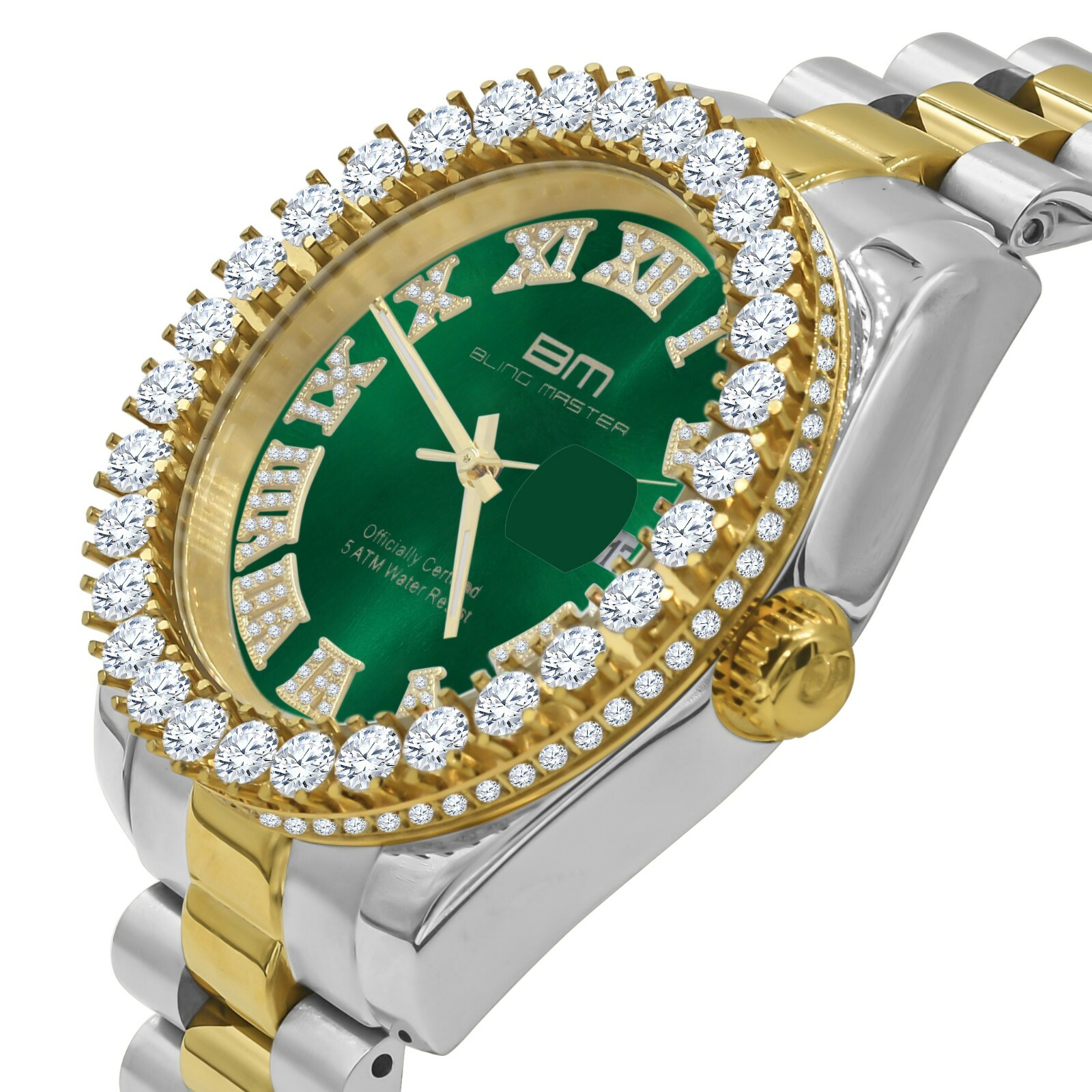 Pre-owned Bling Master - Overlord Solid Steel Green Dial 18k 2 Tone Gold Simulated Diamond Presidential Mens Watch