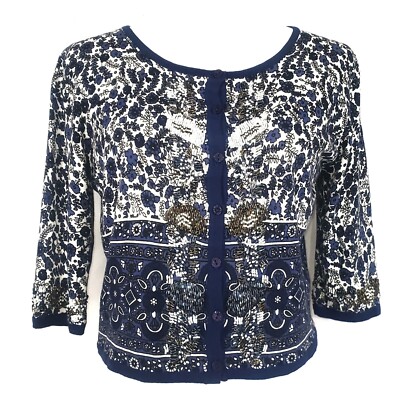 TWINSET Simona Barbiera Cardigan Floral Blue White Beaded Buttons Cropped Size M