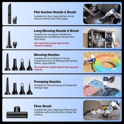 Car Vacuum Cleaner Cordless, 4 in 1 Portable Vacuum Cleaner 16000PA High Power Air Duster & Air Blower & Pump, Rechargeable Handheld Vacuum with Brushless Motor, Multi-Nozzles for Car, Home, Office Additional Image