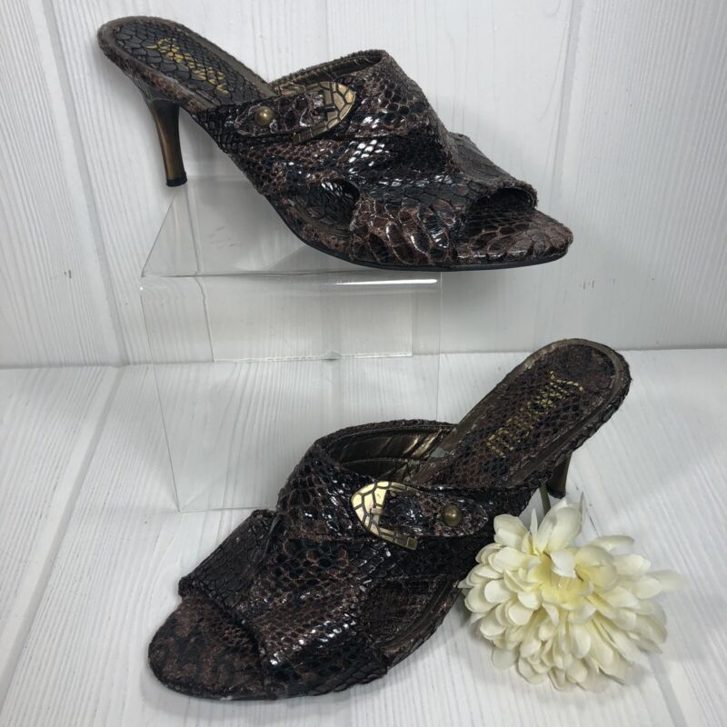 Simonelli Faux Snakeskin Fabric Carved Heels 8 1/2 Brown Gold Buckle