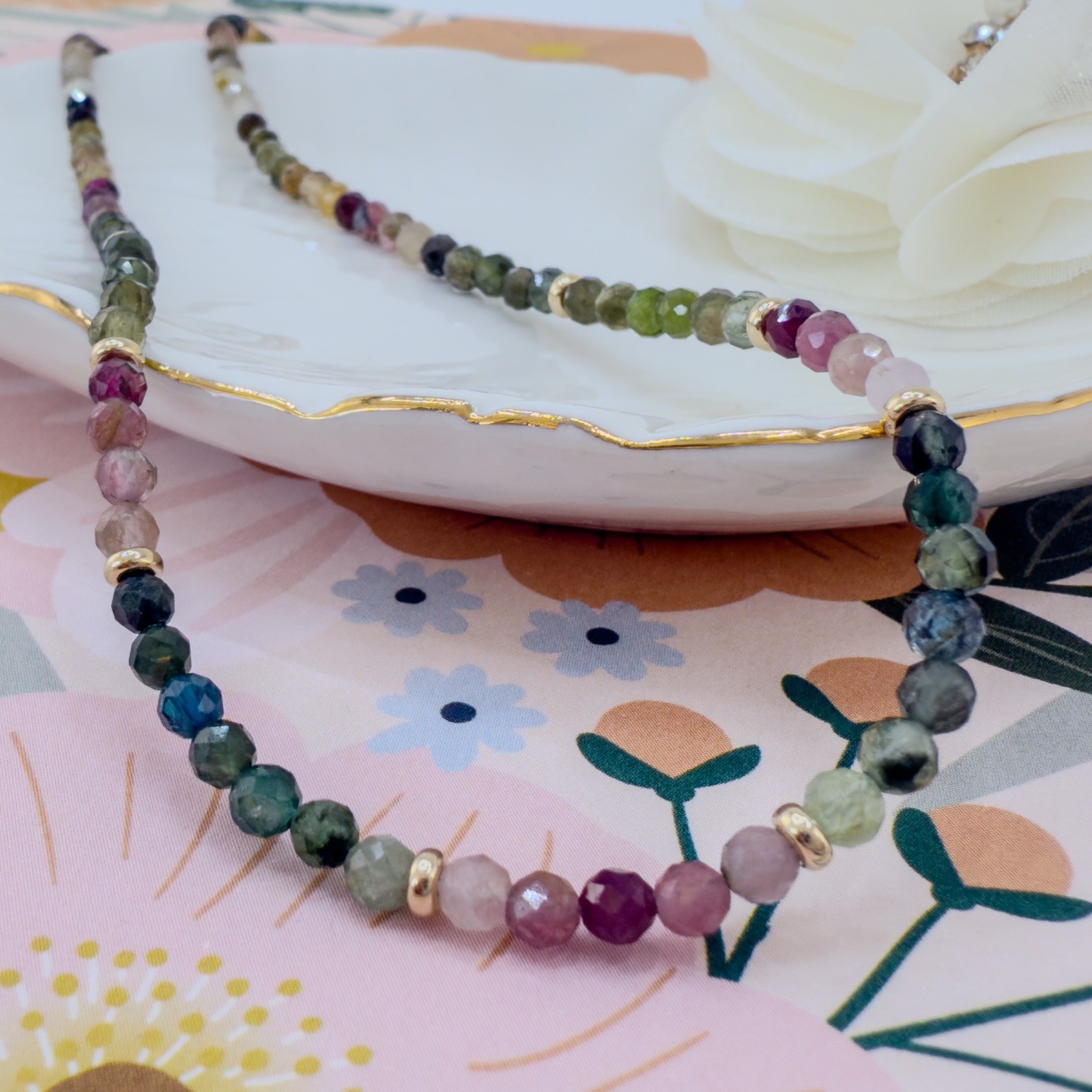 14k Yellow Gold Multicolor Tourmaline Bead Necklace, New 16
