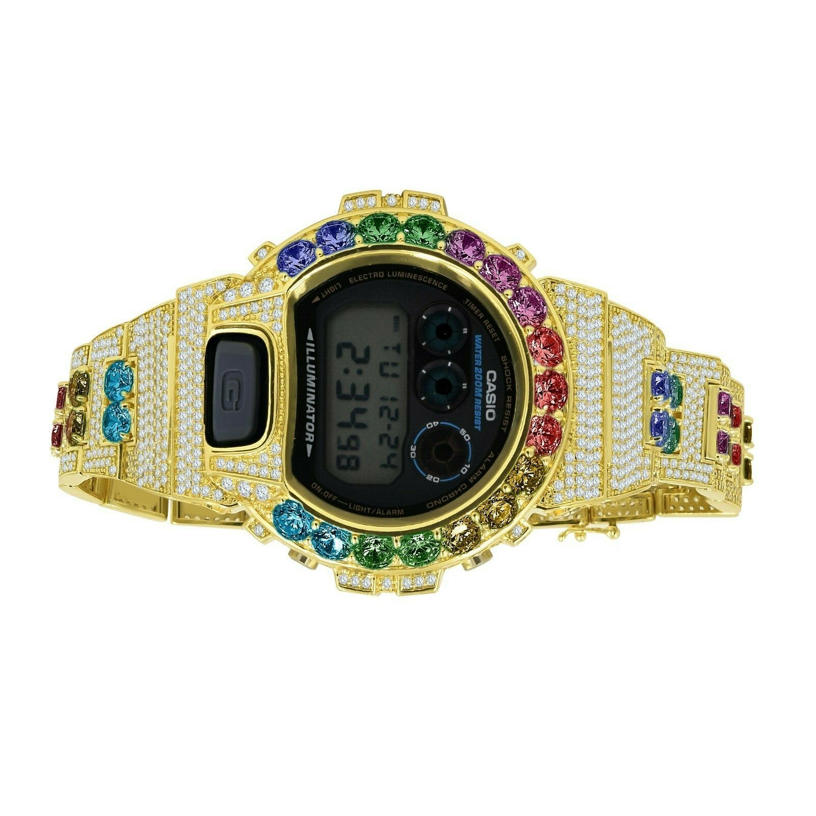 Pre-owned G-shock Authentic Custom  Dw 6900 Casio Rainbow Solitaire Gold Multi Tone Watch