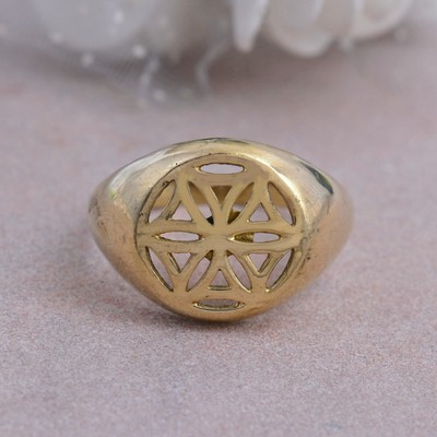 Geometry Sacred Sri Yantra Lotus Flower Designer Gold Plated Omega Ring Jewelry