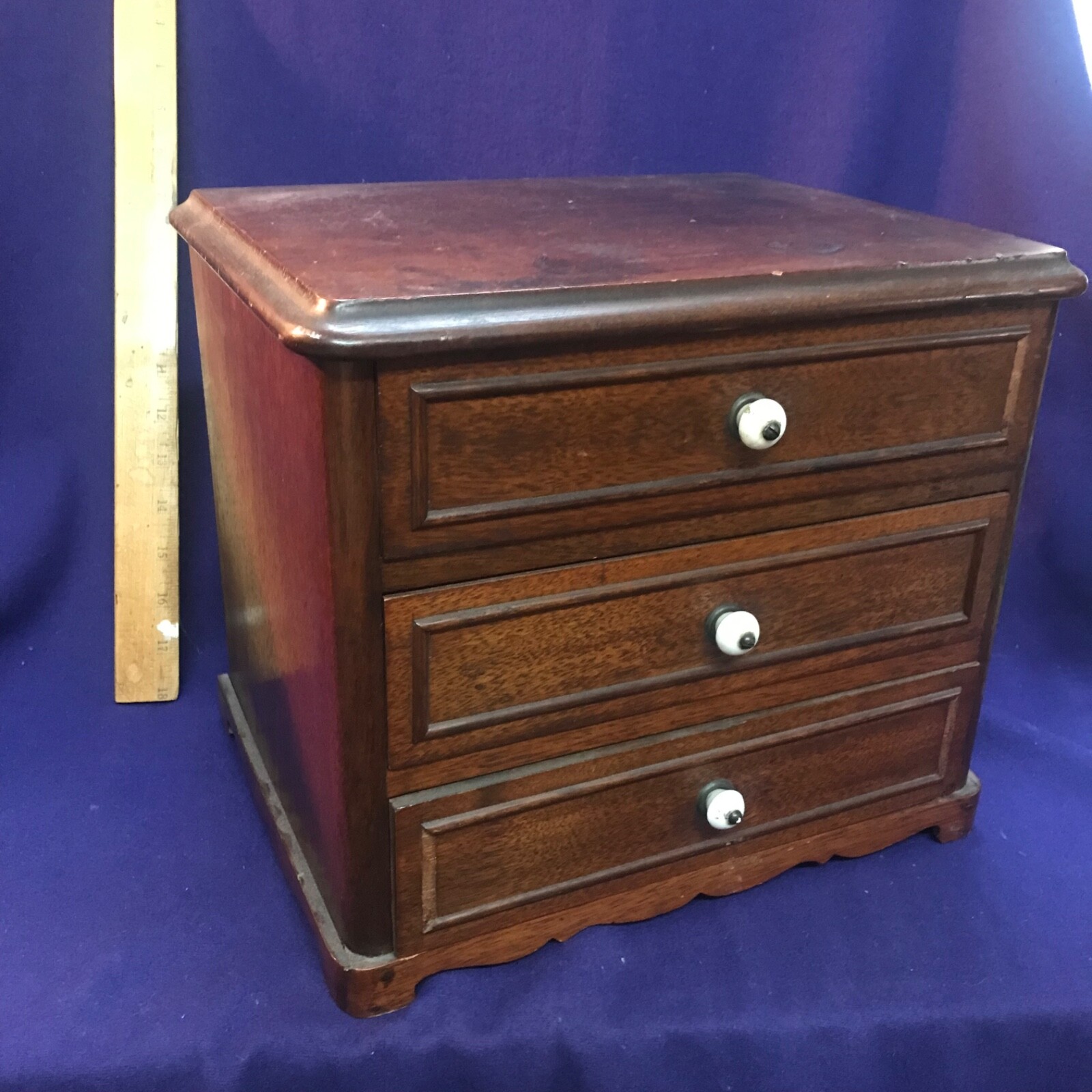 ANTIQUE MINIATURE WALNUT CHEST OF 3 DRAWERS SQUARE NAIL CONSTRUCTION