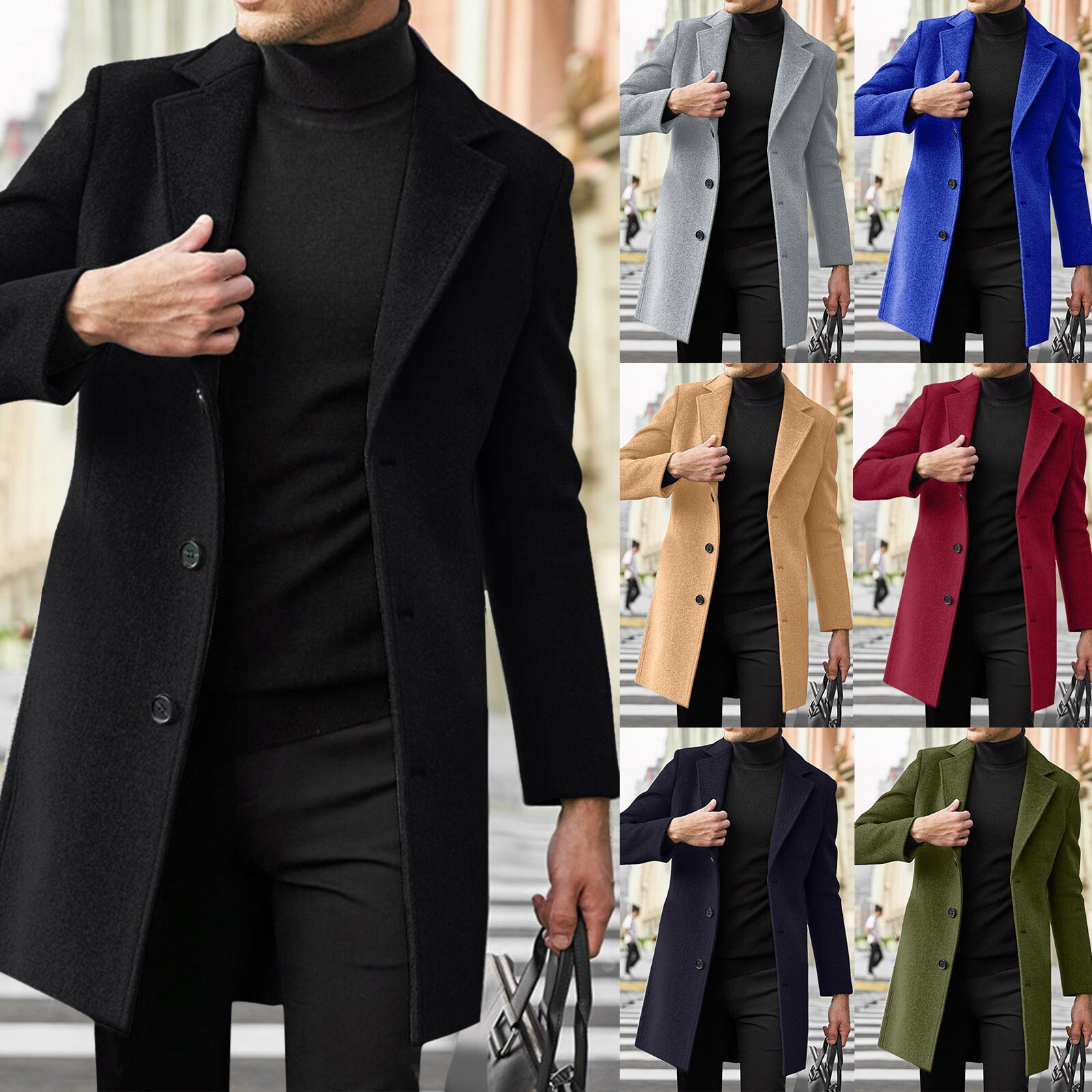 Men Single Breasted Trench Coat Winter Pea Coat Notch Lapel 