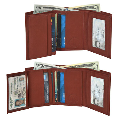 Leatherboss Mens Trifold 4 Fold Leather 2 money pockets, 2 Id slots,1 gift bag 
