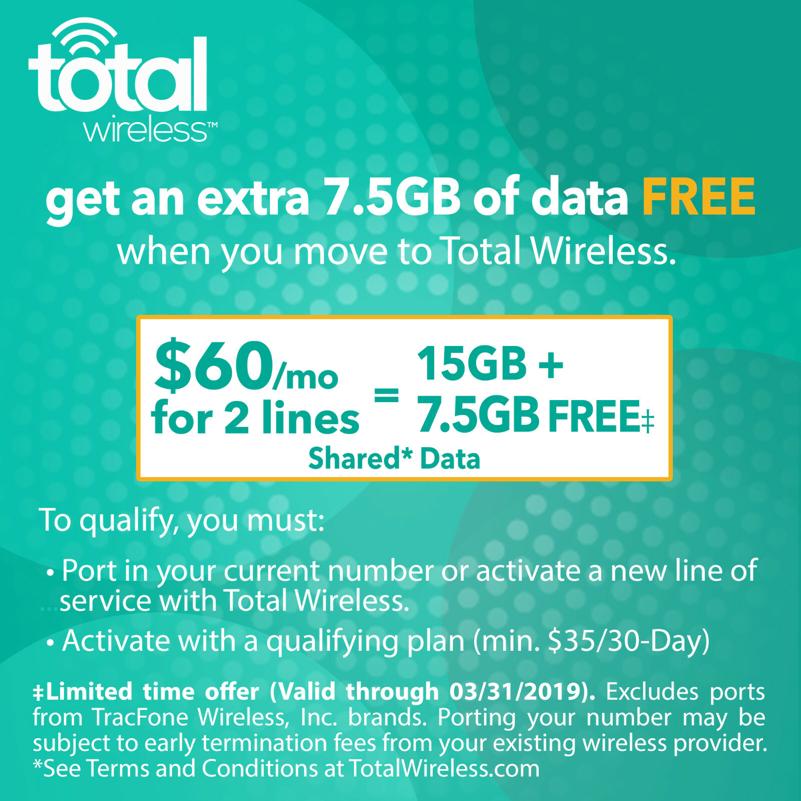 Total Wireless FamilyPlan $60/2lines/30days/2SimCards/Unlimited Calls,Text,Data*