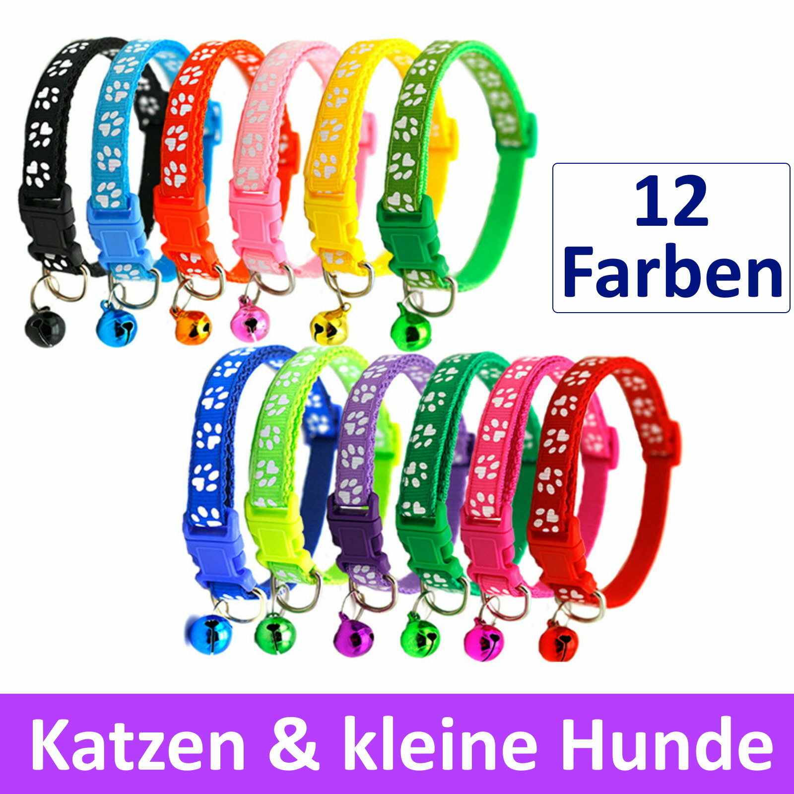 Katzenhalsband mit Glöckchen einstellbar Schnellverschluß Motiv Pfoten edel neu