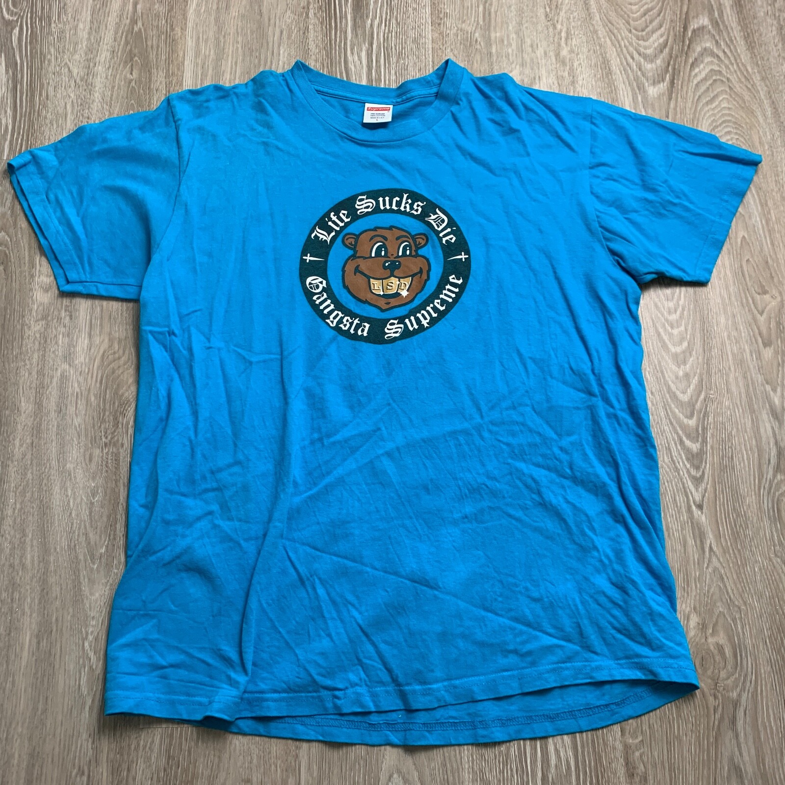 

Supreme FW18 Life Sucks Die Beaver Logo Ярко-синяя черная футболка Мужская футболка, Синий
