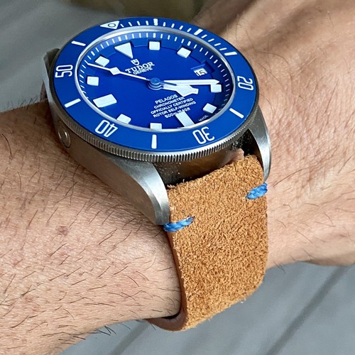 22mm BROWN Vintage Suede Leather Watch Strap Band BLUE Stitching