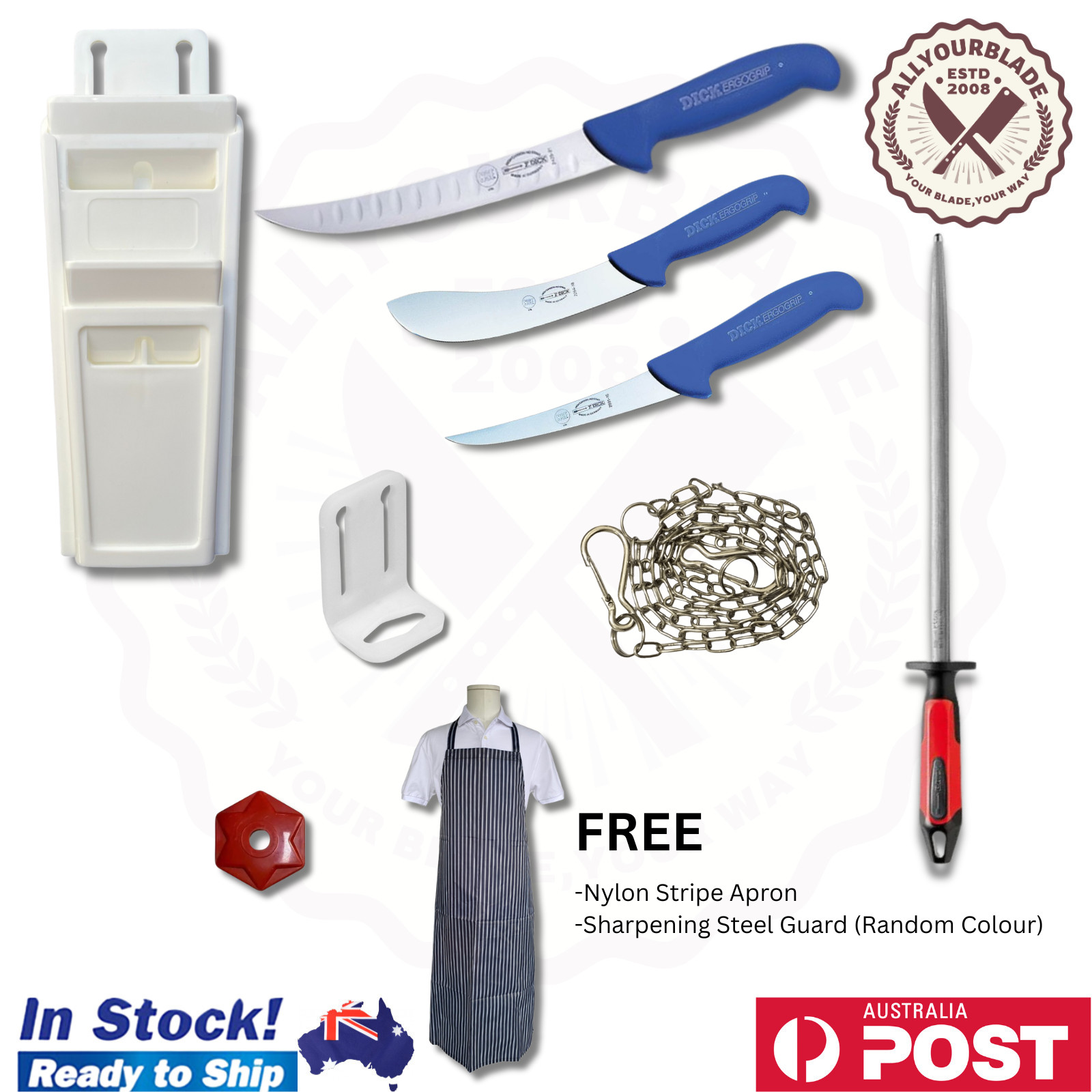 F.DICK 9-Piece Butcher Knife Kit Boning Skinning Steaking Pouch Chain Apron