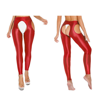 US Womens Glossy Crotchless Tights Pants Stretchy Elastic Fitness Yoga Trousers