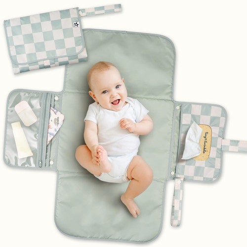 Tiny Twinkle Portable Diaper Changing Pad | 7 x 10 Inch, Sage Checkers