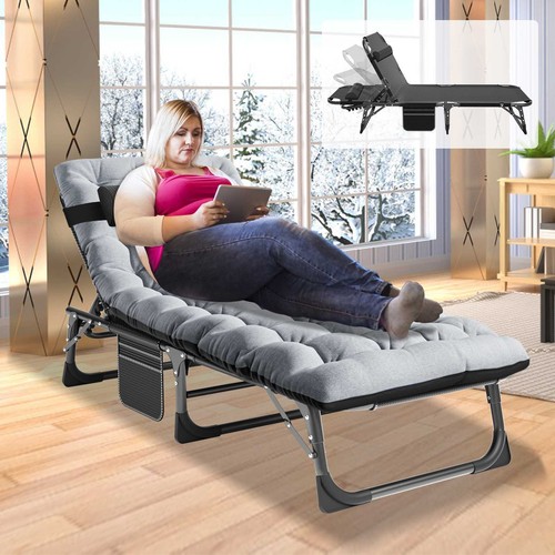 Folding Camping Cot Adjustable Adult Reclining Folding Chaise Lounge Chair w/Mat