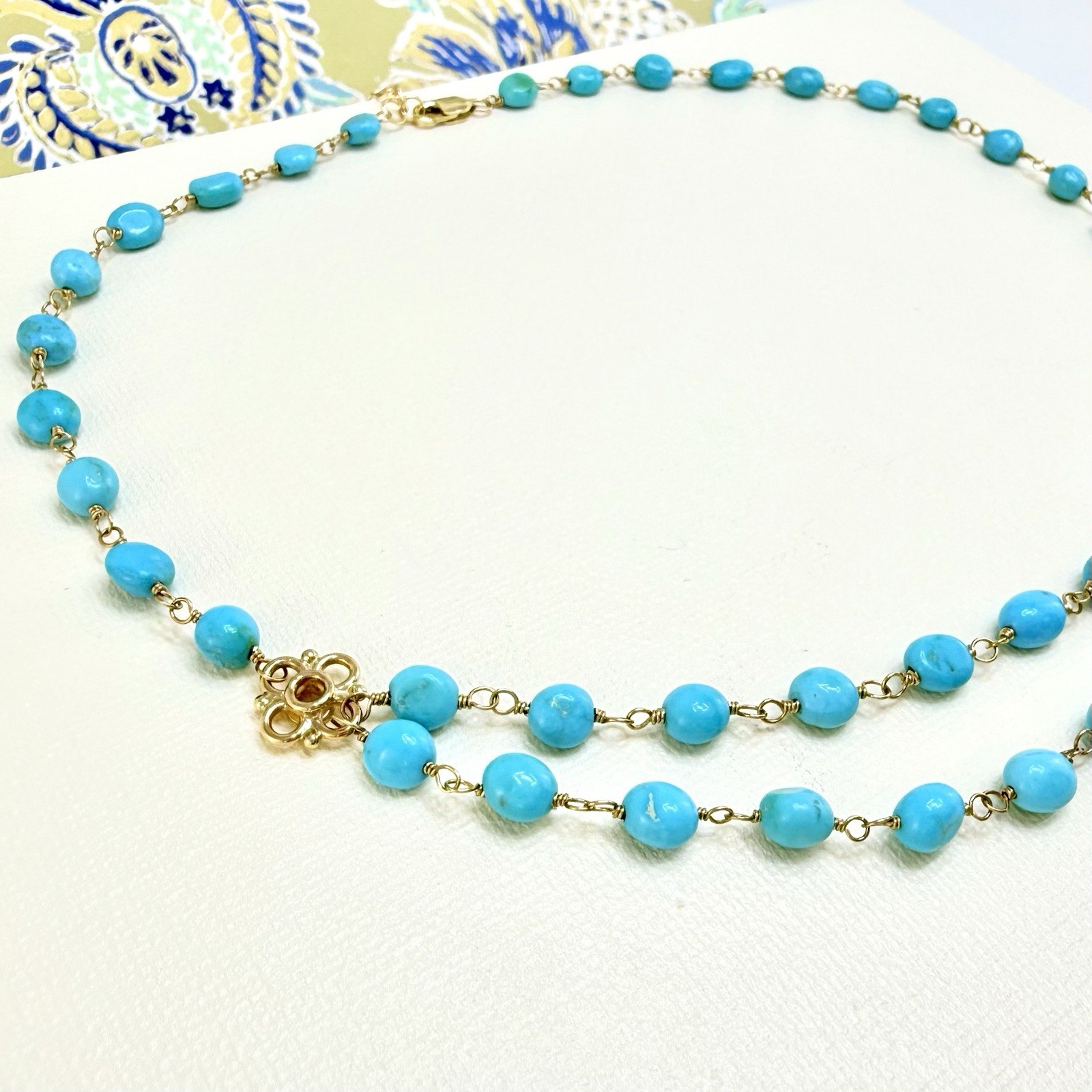 14k Yellow Gold Genuine Sleeping Beauty Turquoise Handcrafted Necklace, 16.5-18
