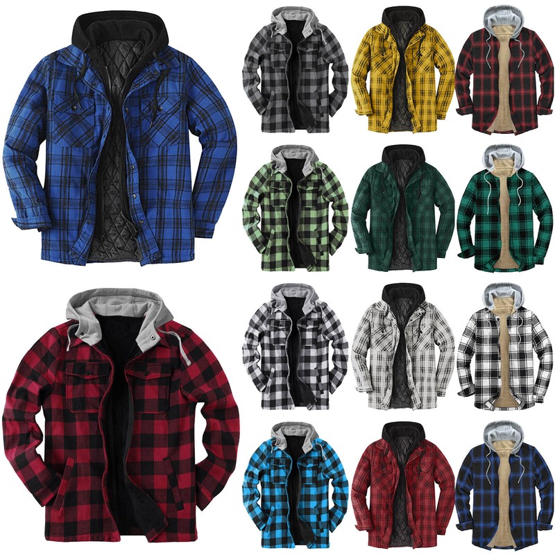 Men's Flannel Shirt Hoodie Jacket with Hood Long Sleeve Quilted Lined Plaid Coat
