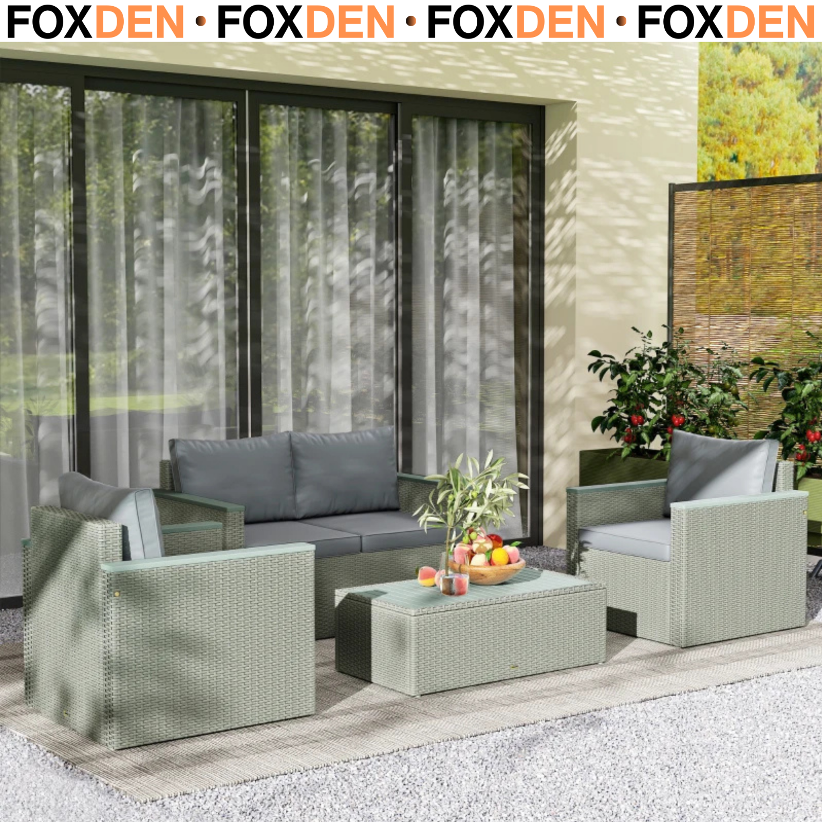 4 Piece Rattan Garden Furniture Set with with Wood-Top Table & Cushions - Grey