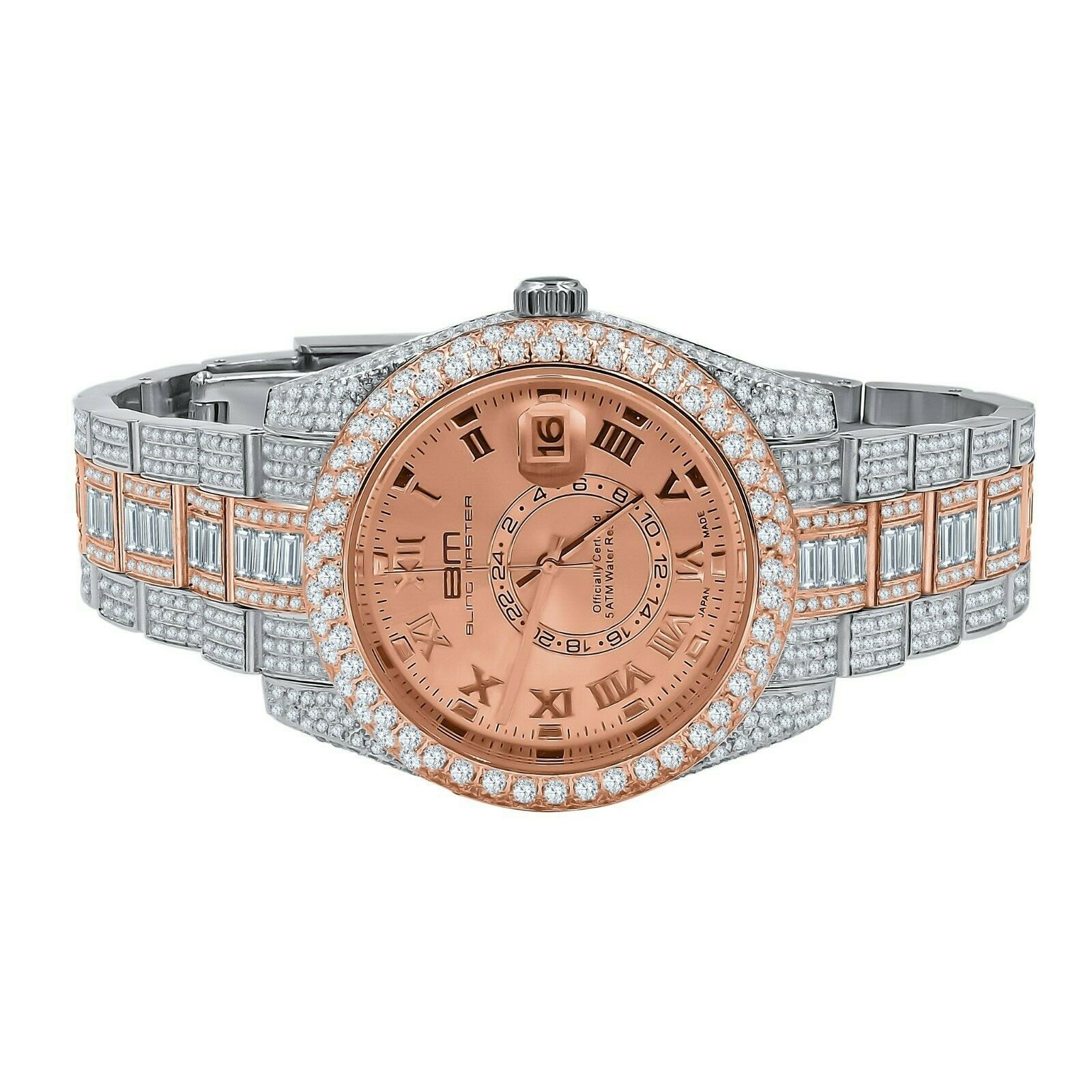 Pre-owned Bling Master - Knight 2 Tone Full Stainless Steel Rose Gold Finish Simulated Diamond Watch W/date 42mm