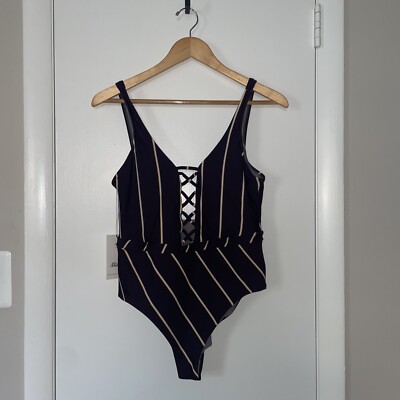 Maaji Women's One Piece High Cut Plunge Swimsuit Purple Medium Striped NWT $195