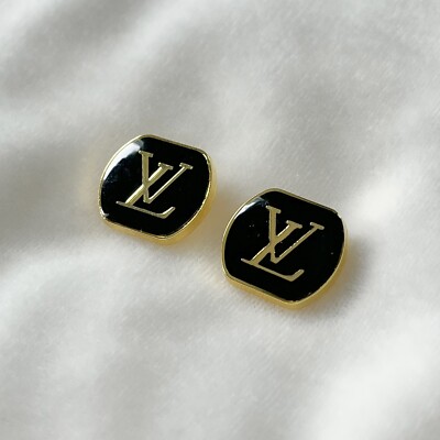 Set of 2 Louis Vuitton Buttons, Square, Black, Gold, 18mm
