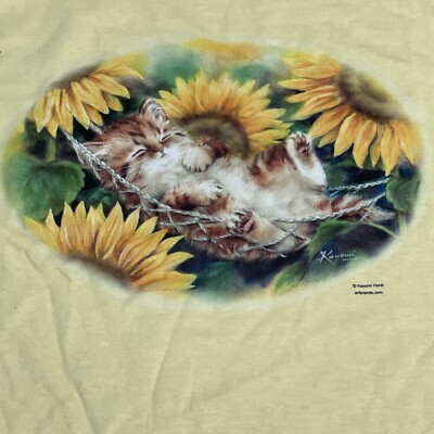 kayomi harai Artist  Kitten Lying on Sunflowers Yellow T Shirt Size Medium