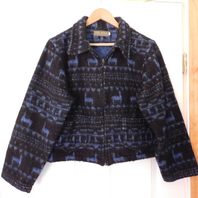 Hilana Quito Ecuador Cropped Jacket Mohair Wool Blend Lama Blue Black Large