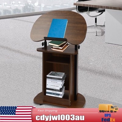 Height Adjustable Portable Wood Podium Stand Wheeled Lectern with Storage Shelf
