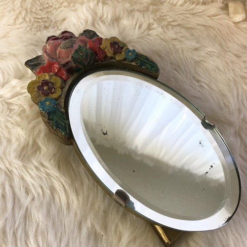 Antique Barbola Oval Beveled Mirror Gesso Flowers Table Top c.1930s FLWRS