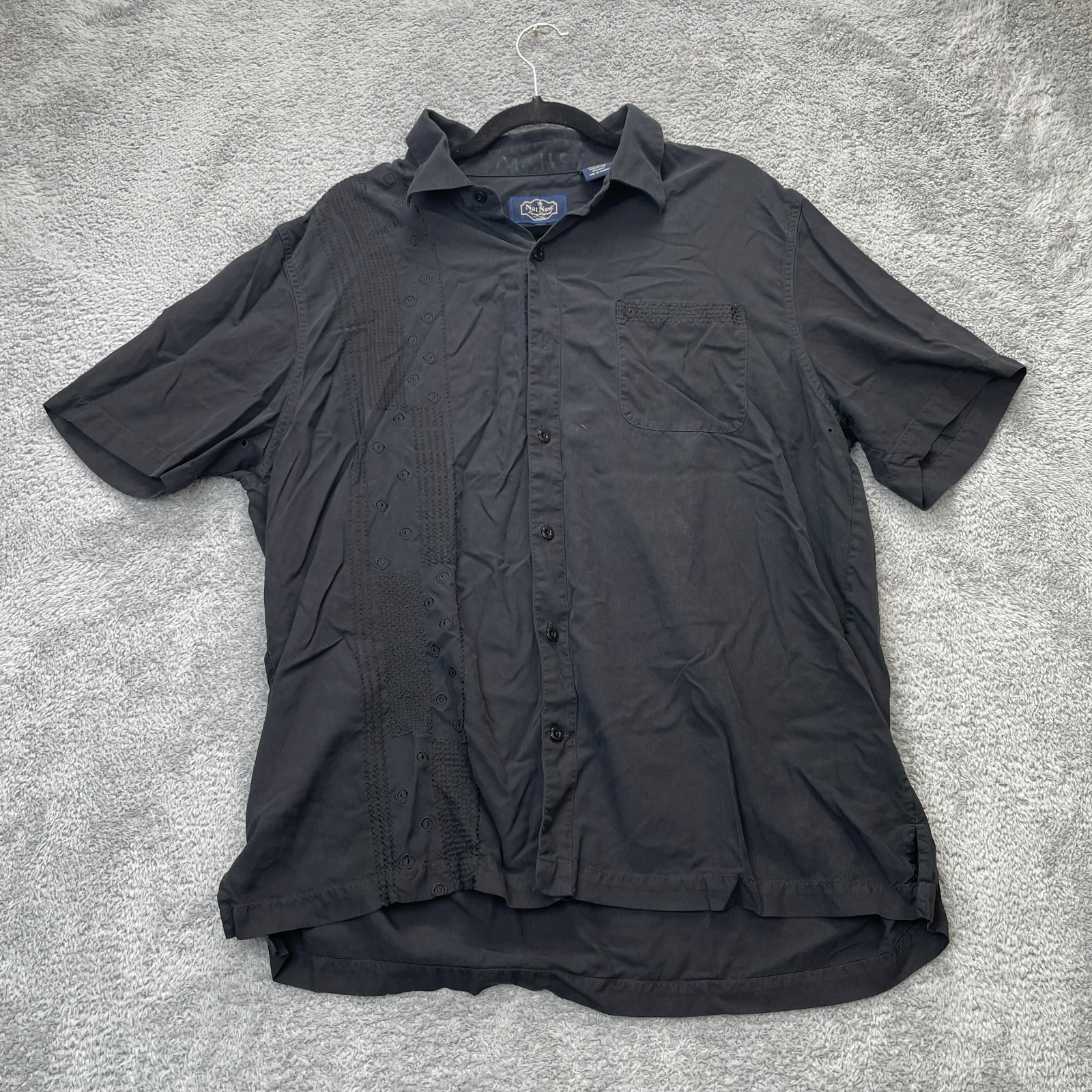 Nat Nast Luxury Originals Mens Shirt Large Black Silk Embroidered Button Up