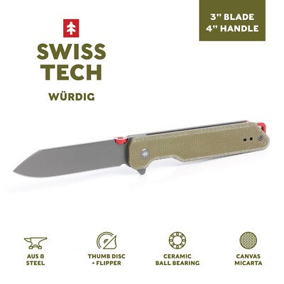 Swiss Tech Wurdig 7'' Ball Bearing Assisted Flipper Pocket Knife, 3'' AUS-8 Steel